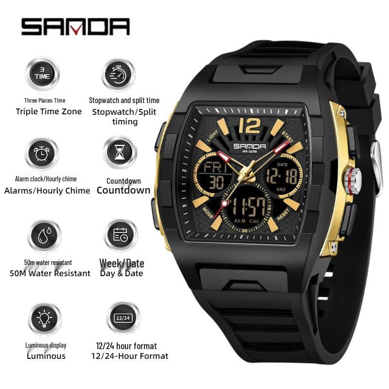 Sanda Men's Sports Barrel-Shaped Luminous Countdown Watch with Triple Time Zone and Dual Display, Waterproof Design.