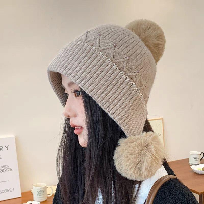 

Уютная и милая вязаная шапка-бини с ушами для женщин - толстая, теплая зимняя шапка, модный корейский стиль, мягкий полиэстер ONE SIZE хаки