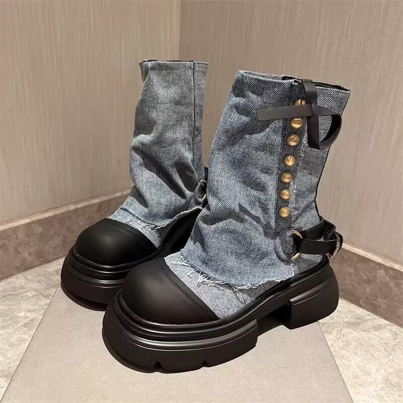 Ankle Boots Riveted Spice Girl Style Fake Two Pile Pile Boots Platform Elevation Little Boots Girl