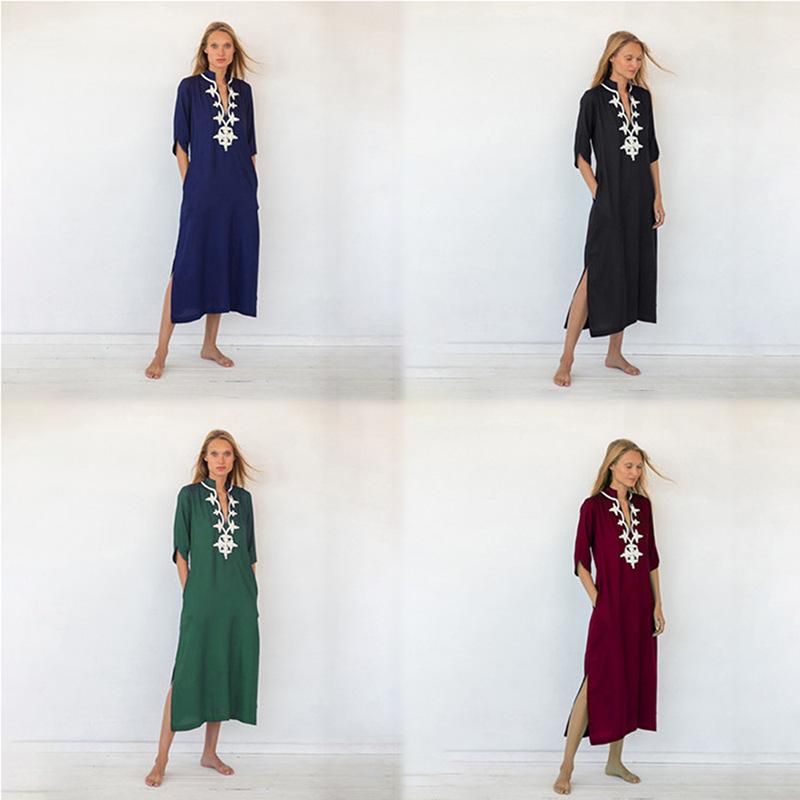 European & American Rayon Stand-Up Collar Embroidered Long Beach Robe for Women