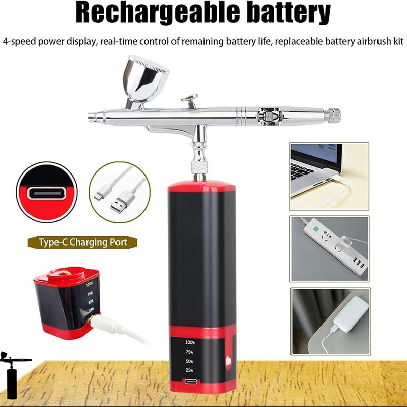 AD23-Dual Action Extra Battery Airbrush Kit With Compressor Replaceable Battery Cordless Air Brush Set For Manicure, Painting