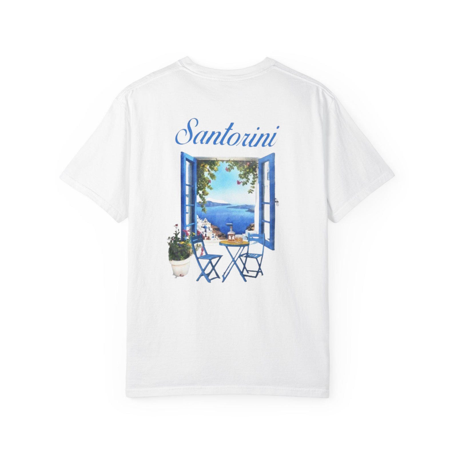 Santorini Window View T-shirt | Greece Seaside Balcony Graphic 2XL