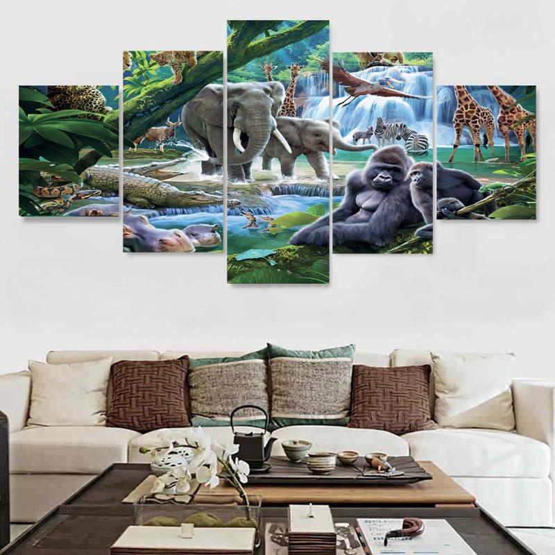 5Panels Tropical Jungle Plant and Animal Landscape Canvas Painting Posters and Prints Wall Art Home Decor for Kids Room No Frame