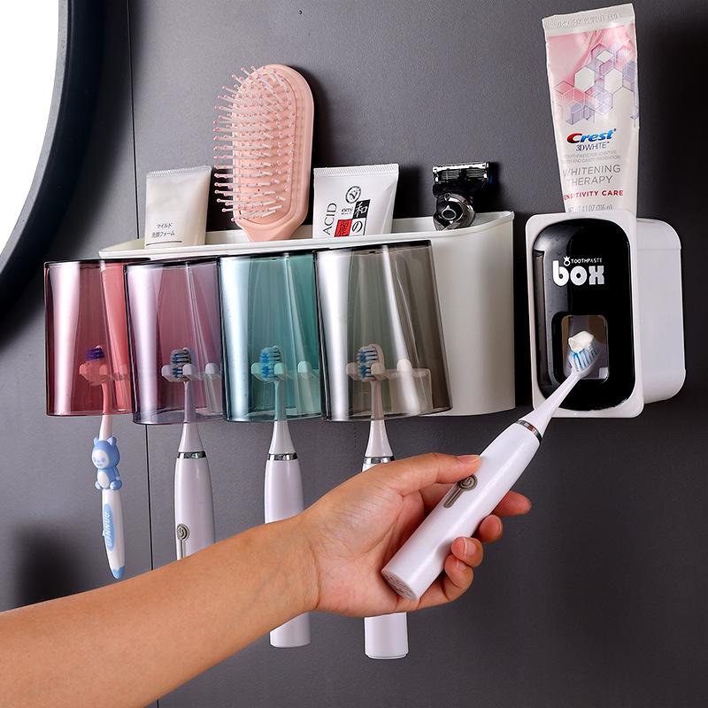 Wall-Mounted Multi-Toothbrush Holder with Punch-Free Base and Toothpaste Storage