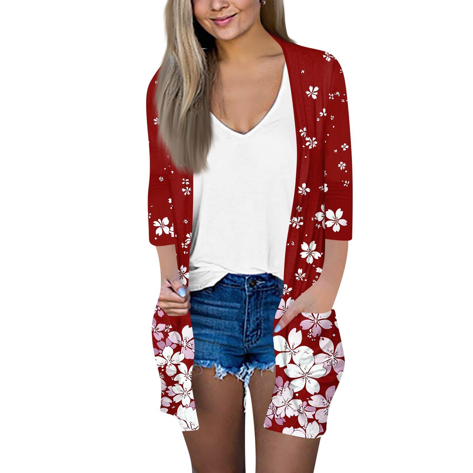 

Женский модный свободный повседневный кардиган с принтом и карманами, куртка с рукавом семь восьмых, топ L красный