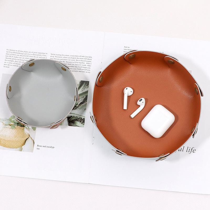 1PC Foldable Round PU Leather Tray Desktop Organizer for Jewelry Cosmetics Keys Multi-purpose Storage Box for Home Office
