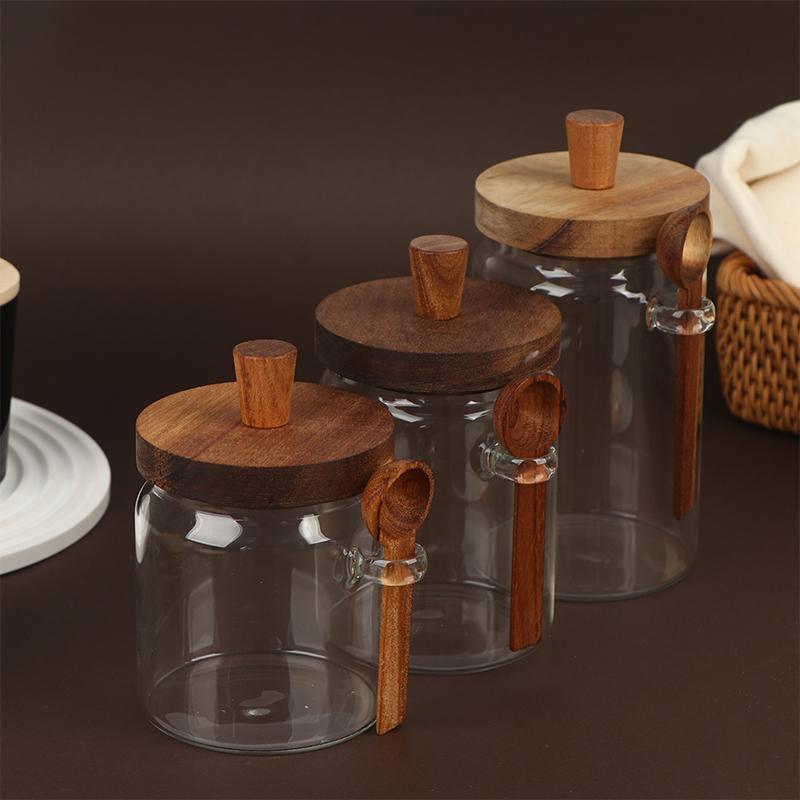 Glass Containers Food Storage Jars With Wooden Lids And Scoop Glass Sealed Jar Airtight Jar For Sugar Coffee Bean Candy