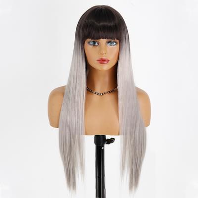 Women Fashion Long Straight Wig with Bangs Synthetic Fiber Ombre Black Grey Long Daily Wear Straight Wig