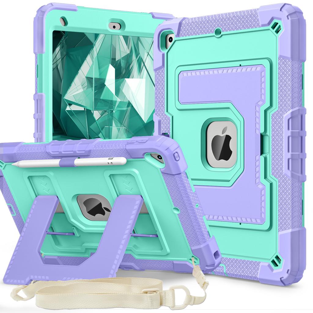 For iPad 10.2 (2021)/(2019)/(2020) Case with Kickstand Strap Anti Drop PC + Silicone Tablet Cover