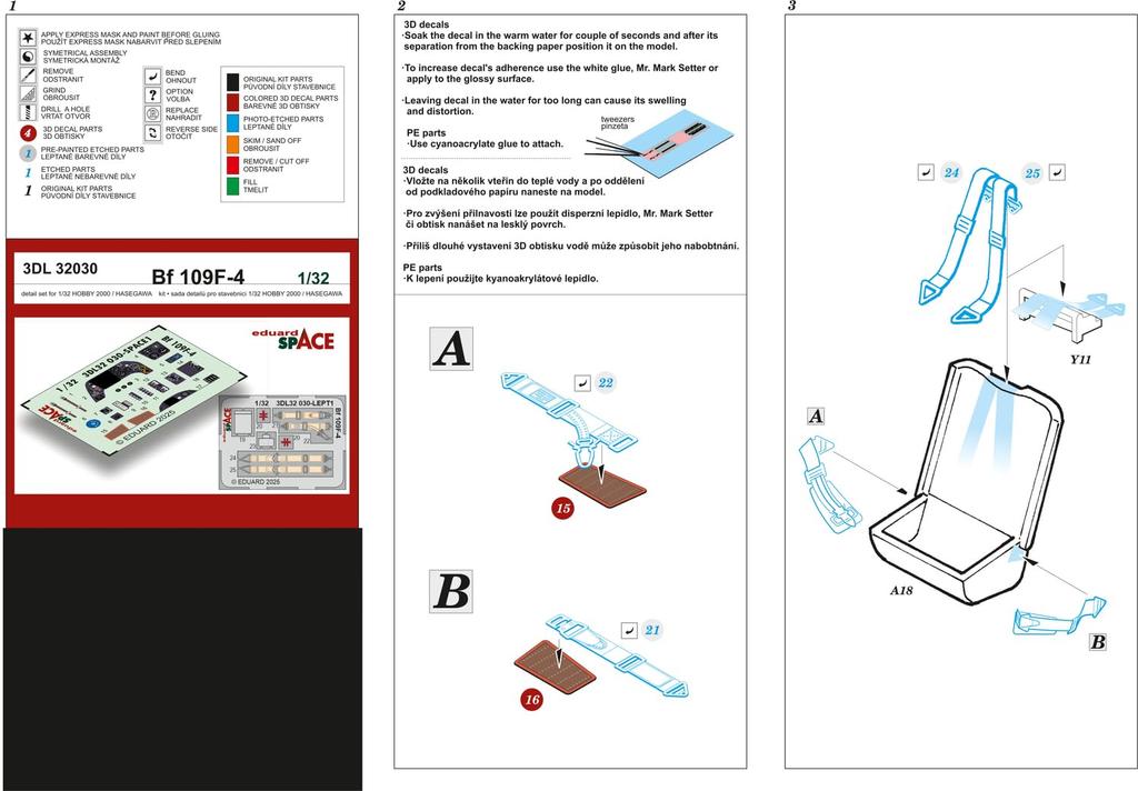 Eduard 1/32 Space Bf109F-4 Interior 3D Decal with Etching Parts Set (for Hasegawa) Plastic Model Decal EDU3DL32030 (Airplane)