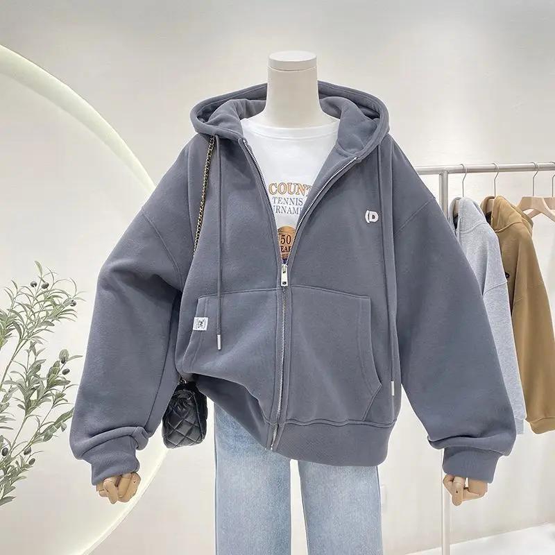 Fleece-Lined Hooded Sweatshirt Women's Loose-Fit Sensible Niche Slimming Versatile Plus Size Casual Girlfriend Trendy Jacket