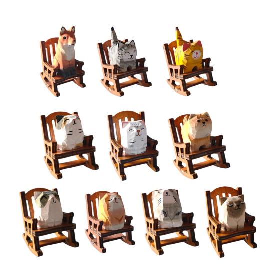 Small Hand-Carved Wooden Animal Figurine Cute Rocking Chair Cat/Dog/Fox Statue for Desk Home Office Decor