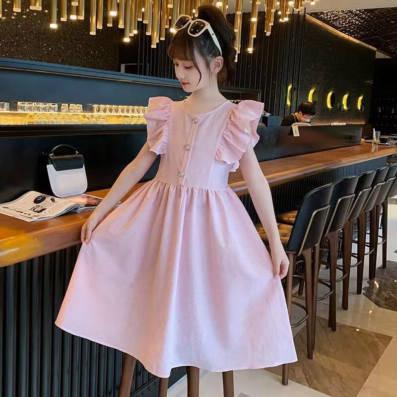 Girls Dress Kids Princess Plaid Sleeveless A-line Skirt 8 Years Old