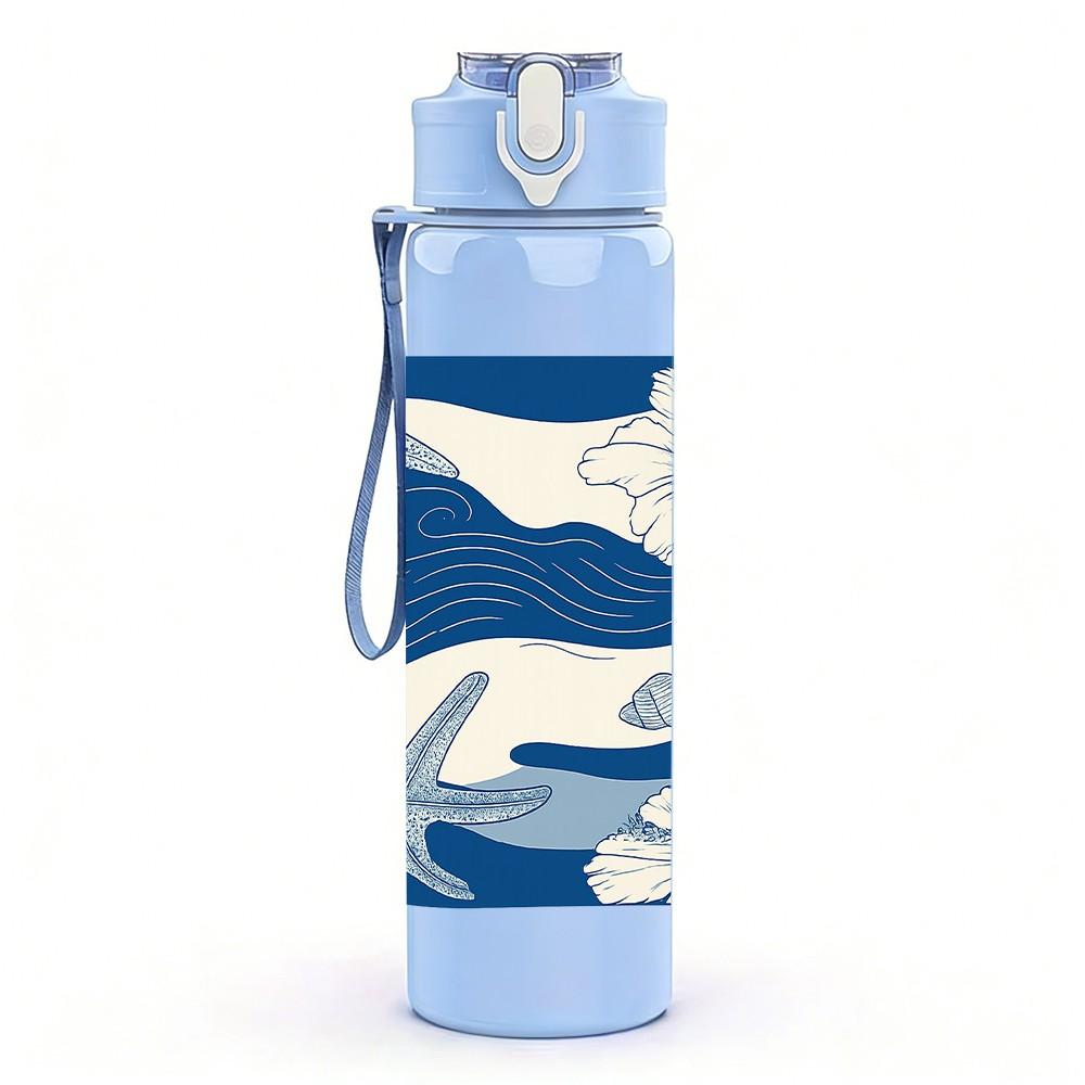 1PC Blue Wave Starfish Pattern 750ml Color Plastic Sports Water Bottle Leakproof Flip Straw Lid Suitable for Sports Office Home Use