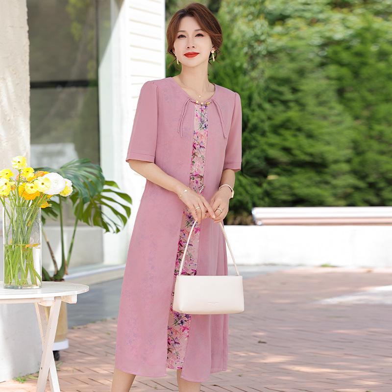 Mom's Summer New Chinese Short Sleeve Plus Size Chiffon Dress for Middle-Aged & Elderly Women - National Style Belly Cover
