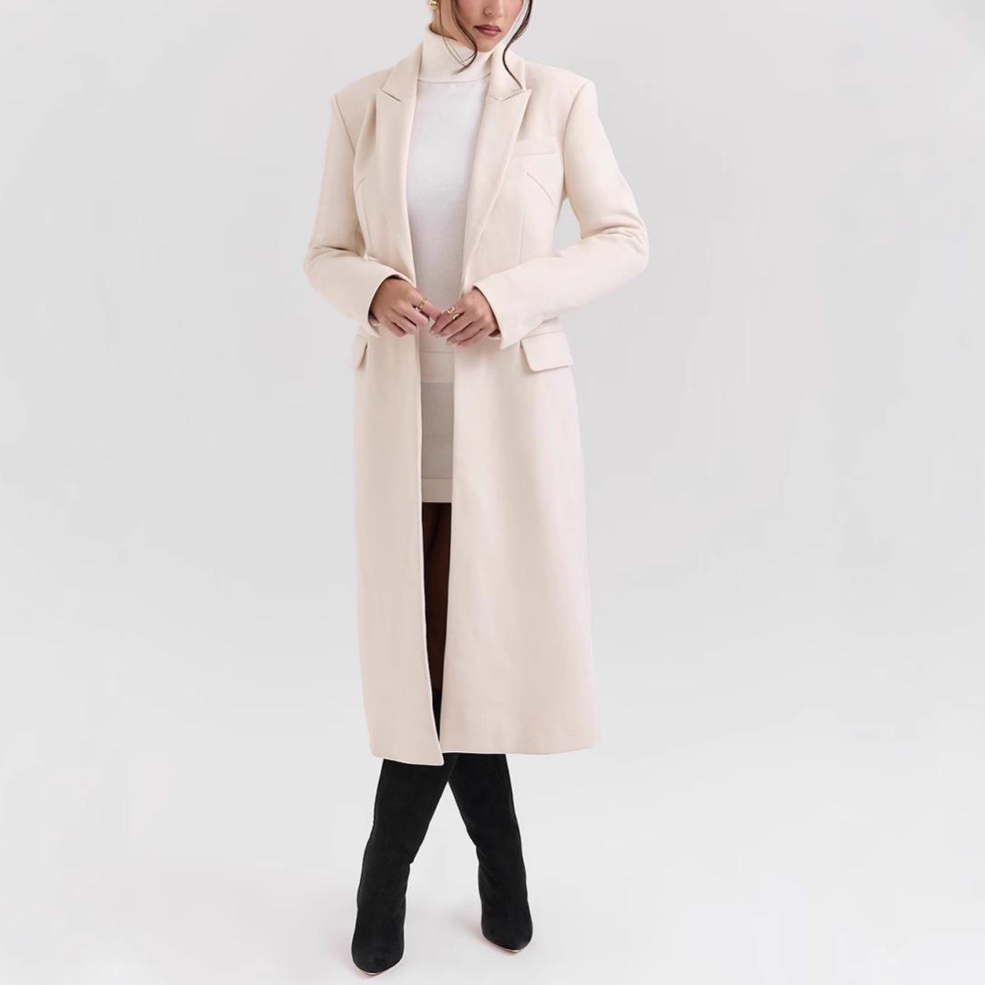 

European & American Women s Trendy Long-Sleeve Wool Coat M білий