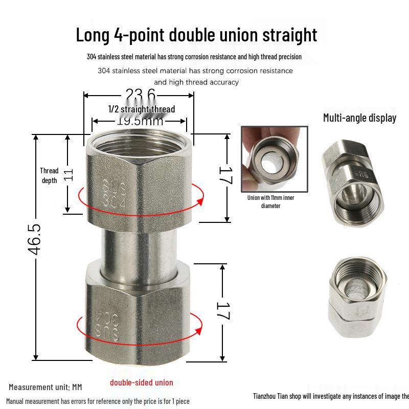 304 Stainless Steel Swivel Union Female Thread Pipe Fitting, Double Female Thread, 6 Points, 4 Points, 1 Inch, for Water Meter/Pump