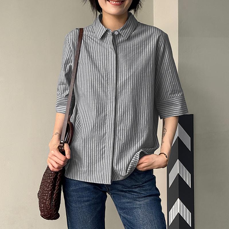 ZANZEA Women Casual Turn Down Collar Loose 3/4 Sleeve Stripe Blouse