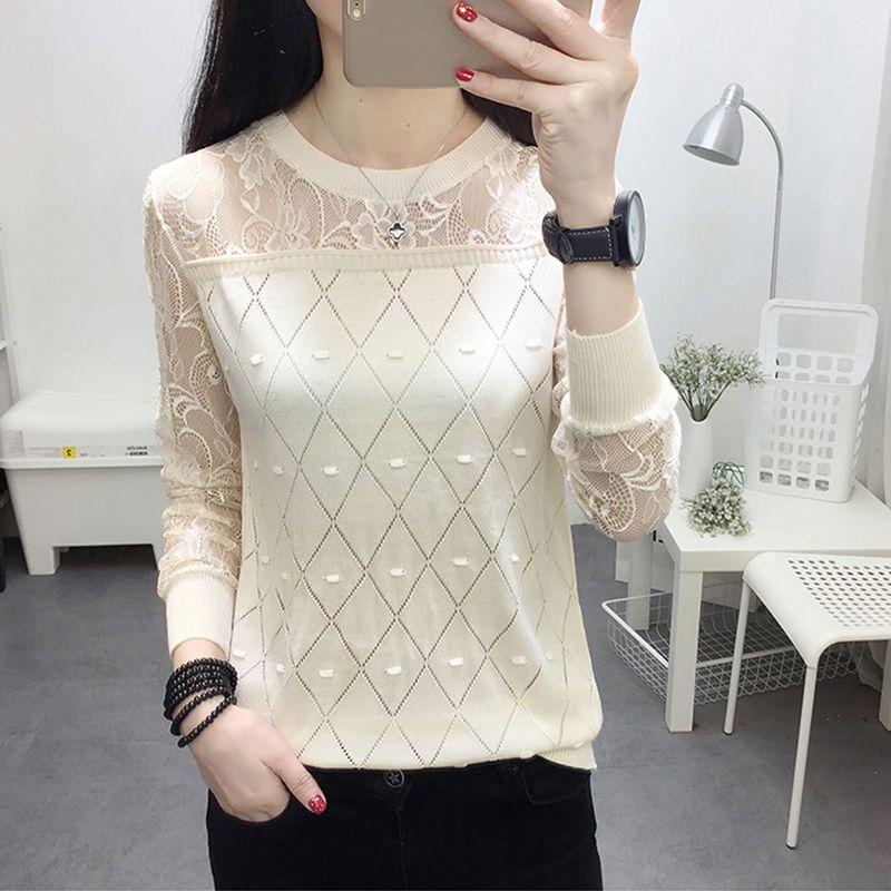 Lace Base Shirt Women's T-shirt Long Sleeved Loose and Versatile Spring Knitwear Women's Thin Top