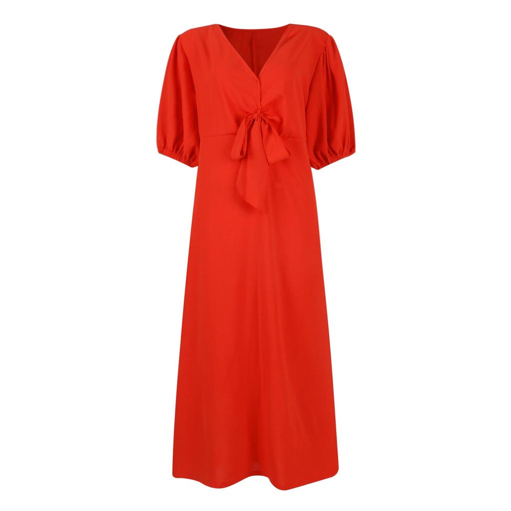 Women's Fashionablecolor V-neck Lace Bubble Short Sleeved Casual Long Dress