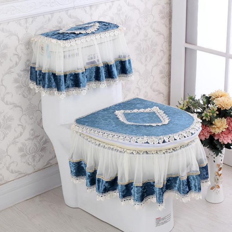 Universal European Style Double-Sided Toilet Seat Cover Set with Zippered Lace Fabric - All Seasons, Three-Piece Set.