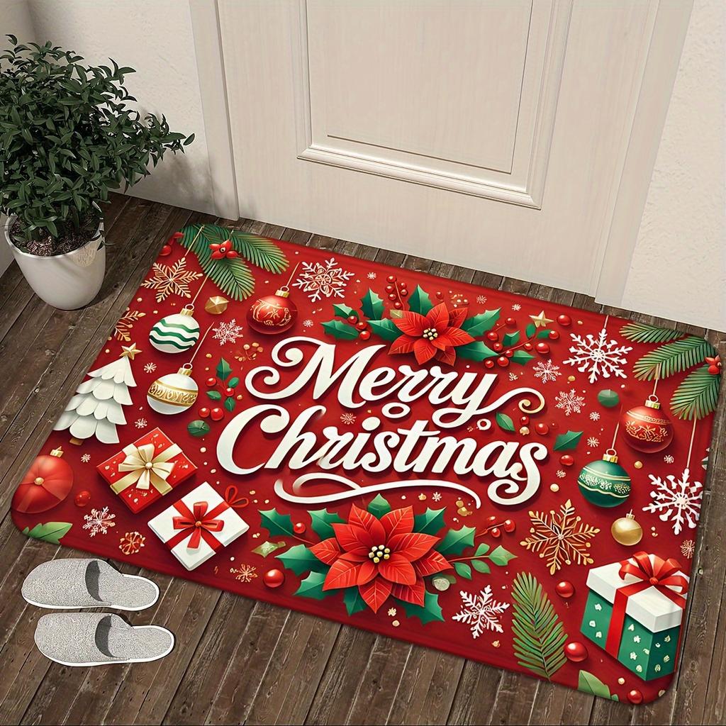 Flannel Merry Christmas Doormat, Absorbent Non-Slip Multi-Design Rug, Machine Washable Christmas Mat for Home Entryway