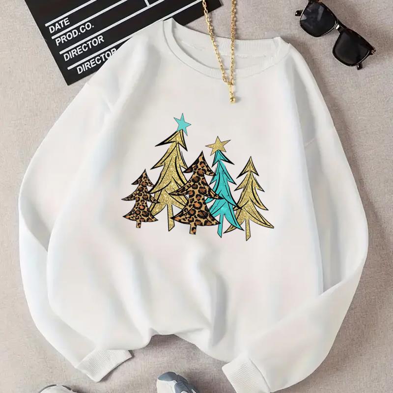 

(Азиатский размер) С Рождеством и прекрасным елочным стилем, с Новым годом, для женщин, с принтом, с праздничным принтом, модные повседневные пуловеры, одежда, свитшоты с графикой