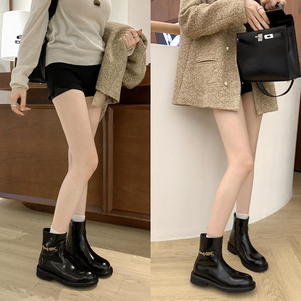 [sheii Su Yinyin] Noble Boots~ Side Zipper Small Gold Buckle Chain Leather Locomotive Martin Short Boots Women's Thin Boots