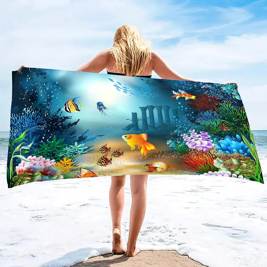 Sea World Beach Towel Cute Fish Bath Towel Polyester Ocean Coral Towels for Sport Spa Swim Yoga Travel Quick Dry Bikini Cover Up