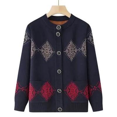 New Women's Autumn and Winter Spliced Round Neck Button Printed Pockets Fashionable Loose Casual Long-sleeved Knitted Cardigan