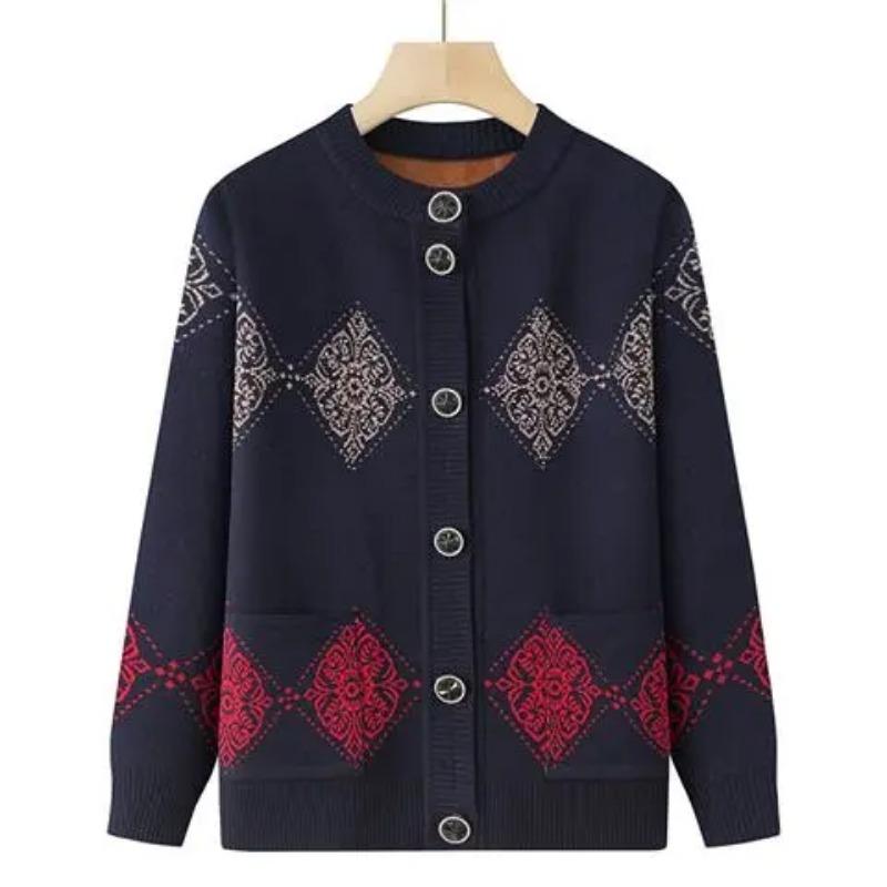 New Women's Autumn and Winter Spliced Round Neck Button Printed Pockets Fashionable Loose Casual Long-sleeved Knitted Cardigan