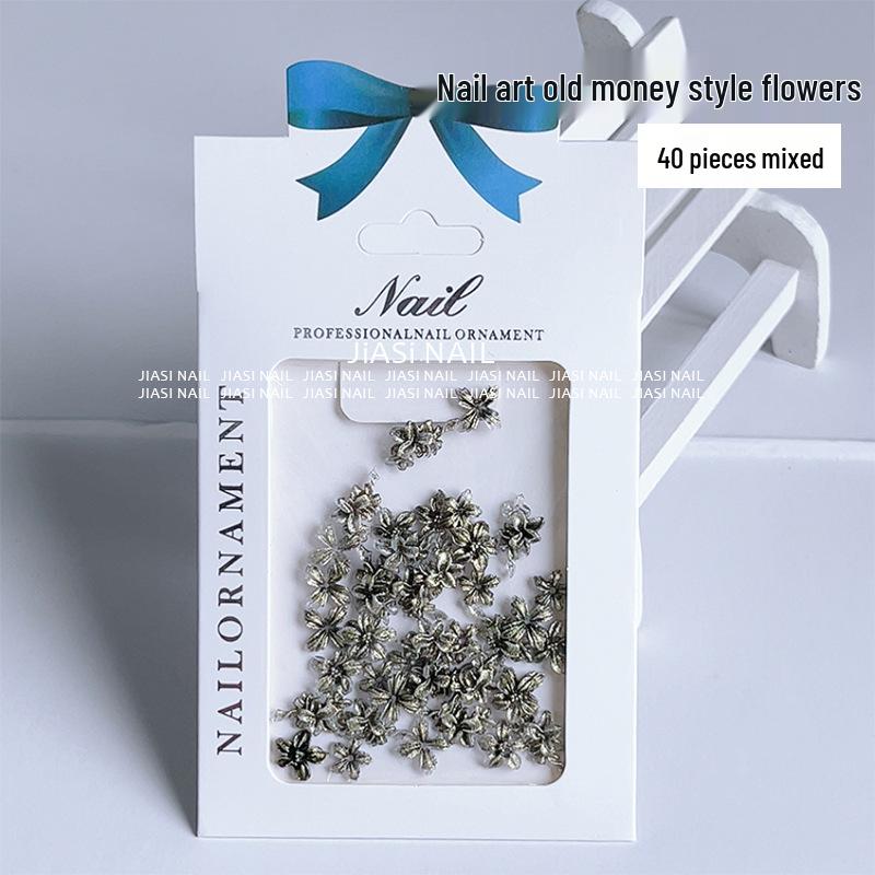 Old Money Style 3D Carved Floral Nail Art Accessories with Retro Gilded Decorations