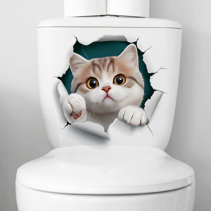 3D Cute Cartoon Cat Breaking Through Wall Toilet Sticker Self-Adhesive Waterproof Removable Bathroom Home Decor Art