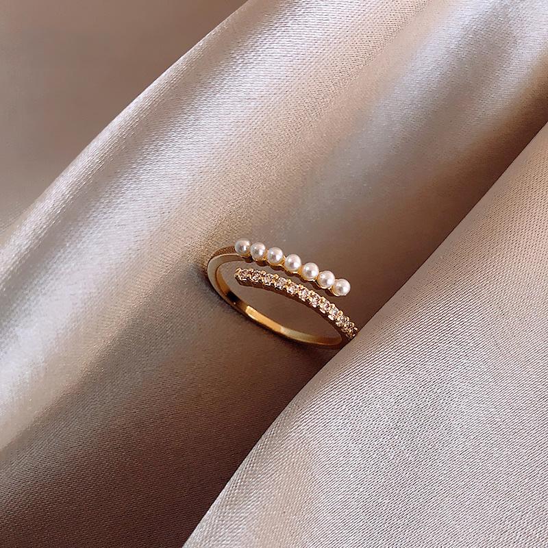 

Luxury Simple Inlay Zircon Pearl Double Layer Index Finger Opening Ring for Women Fashion Personality Jewelry Accessories Gifts resizable золотий