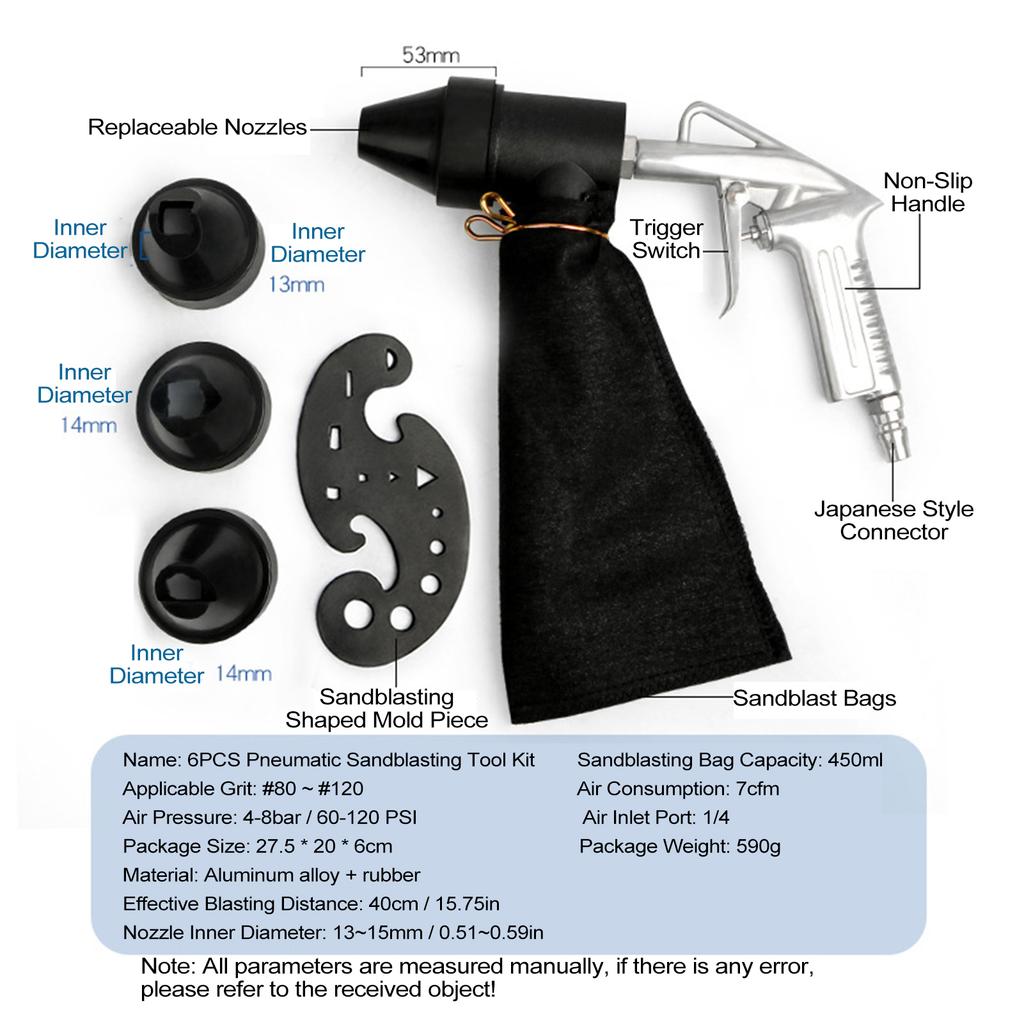 6PCS Pneumatic Sandblasting Machine Set Handheld Sand Blasting Machine with 450ml Sandblasting Bag