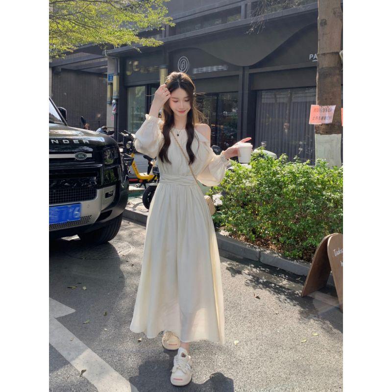 Kumikumi Gentle Apricot Long Sleeves Dress Women's Autumn French Style Temperament Chic Slimming and Shoulder Hollow Long Dress