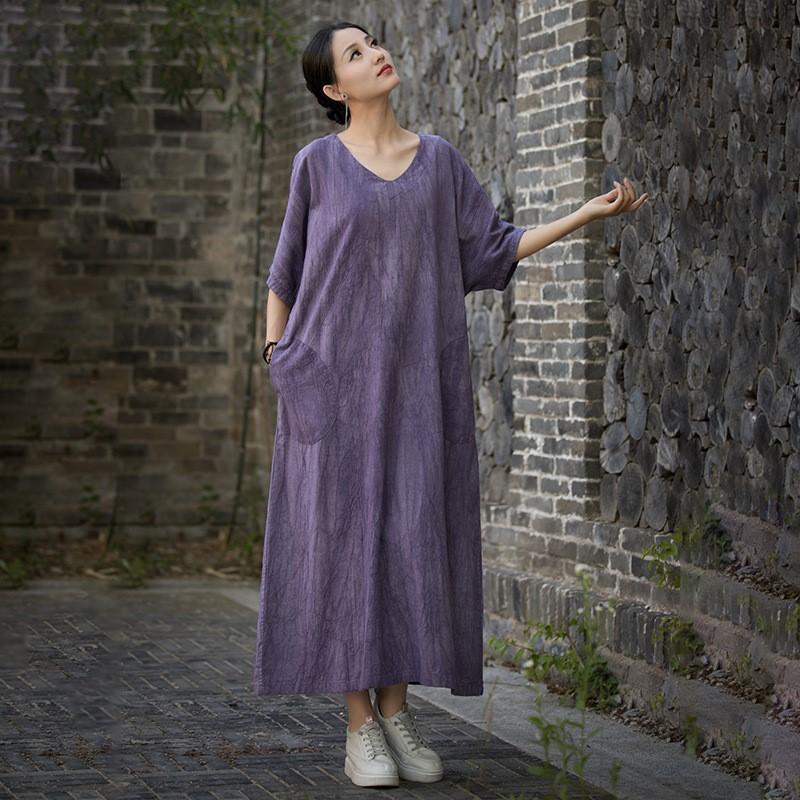 Johnature Women Vintage Dresses V-Neck Short Sleeve Summer Solid Color Loose Women A-Line Dresses