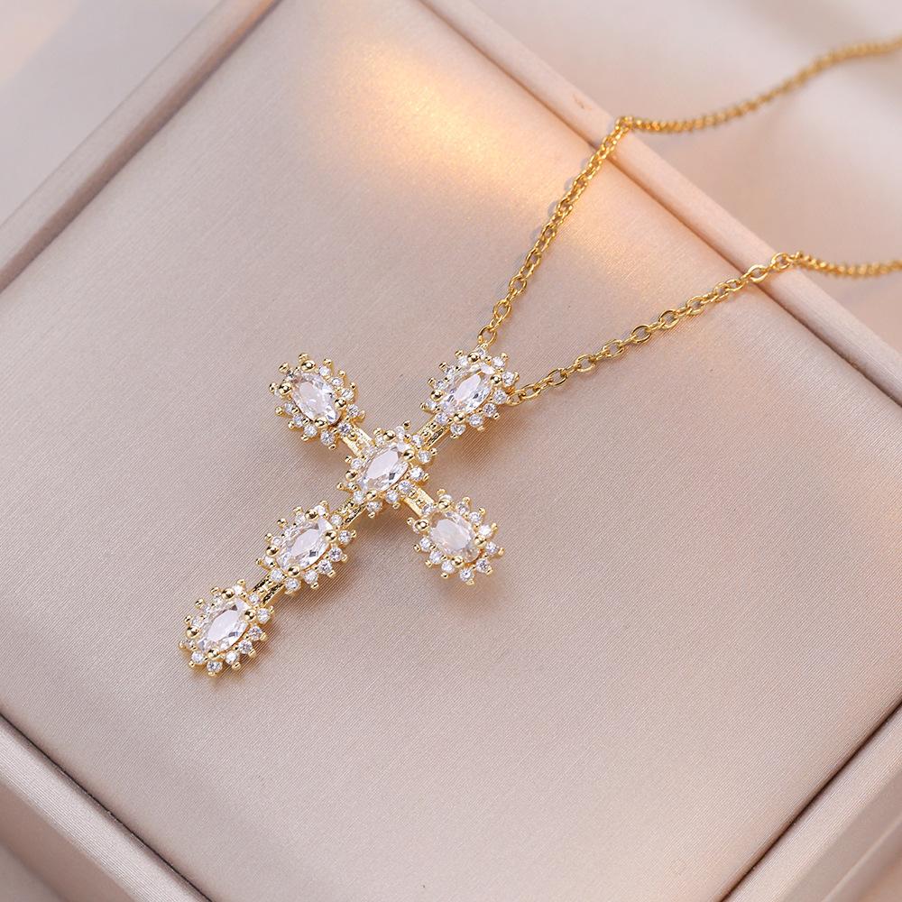 Colored Zircon Cross Necklaces for Women 2024 New Fashion Stainless Steel Chain Zircon Jewelry Party Accessories