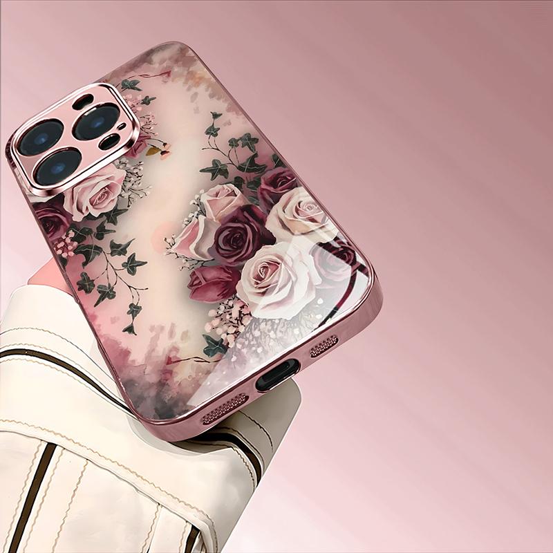 Luxury Rose Pattern Pink Metallic Tempered Glass Phone Case For iPhone 17 16 15 14 13 12 11 Pro Max 15 Plus 17 Air 16E Cover
