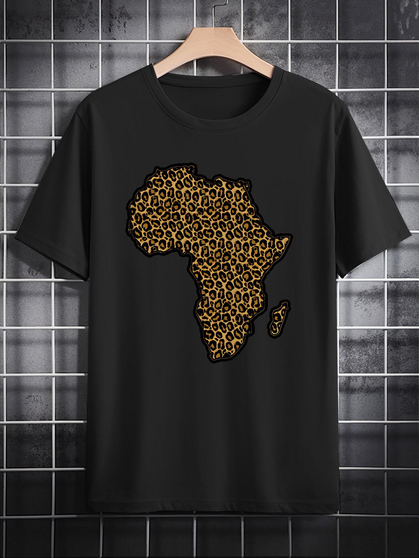 African Continent Leopard Print Casual T-shirt - Black with Golden Contrast Graphic XXXL