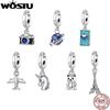 WOSTU 925 Sterling Silver Travel Camera Airplane Charm Bear Pendant Eiffel Tower Keychain Bead Fit Clip Bangle Bracelet DIY Gift