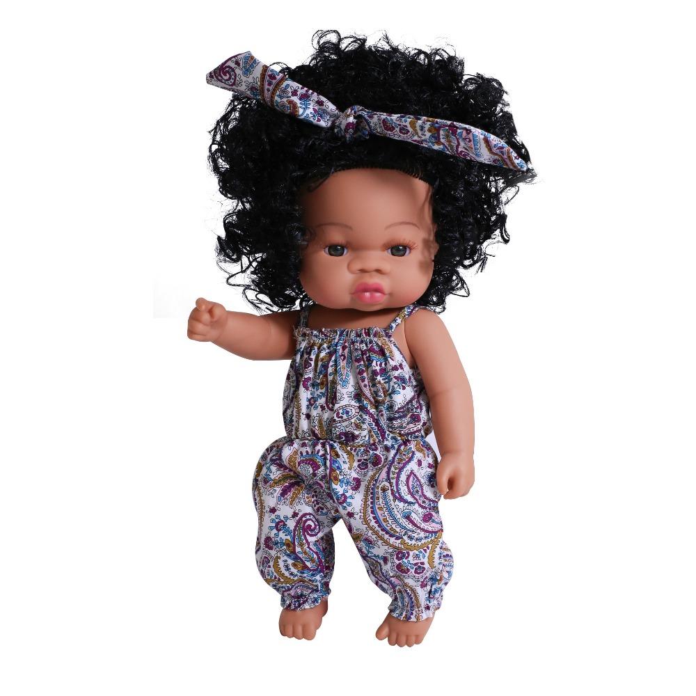 33cm Full Silicone Body Reborn Baby Doll Toys Dark Black Brown Skin Optional Rebirth Doll Lifelike Curly Hair Newborn Doll for Kids Birthday Xmas Gift