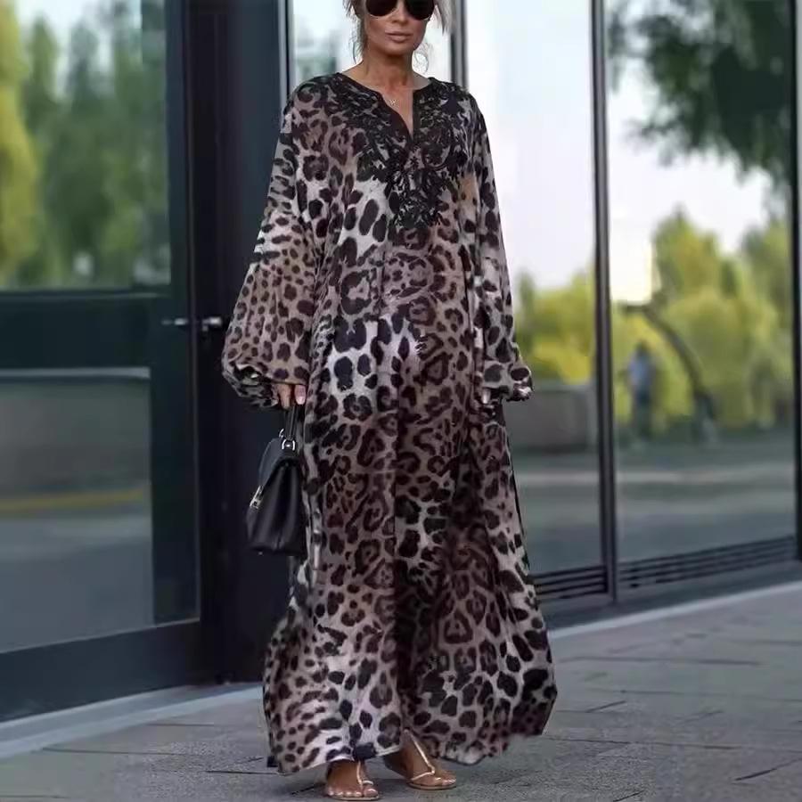 IHUASU Autumn Loose Leopard Print Long-sleeved Plus Size Dress
