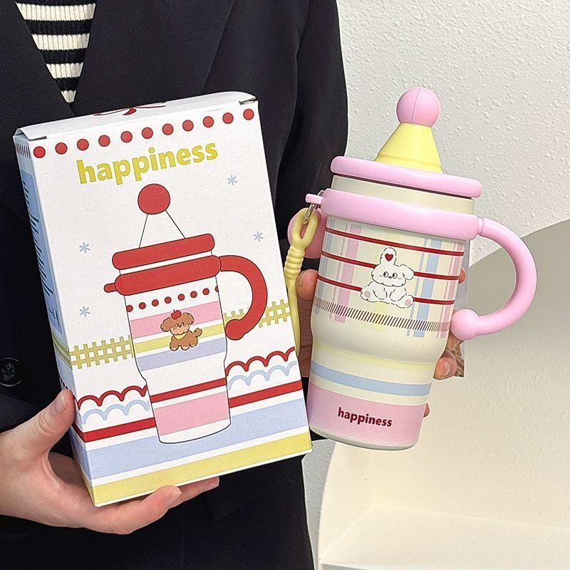 Cartoon Insulated Travel Mug With Straw And Handle For Kids And Adults