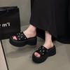 Summer new temperament rhinestone square head open-toed thick-soled cool slippers women wear height-increasing casual shoes