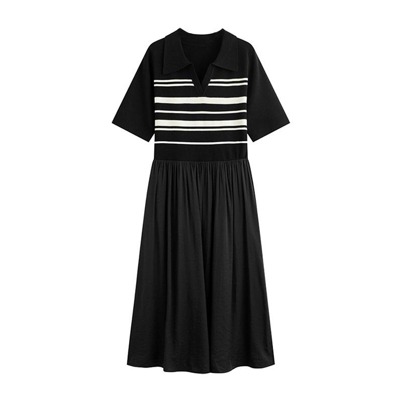 Plus Size Women's Lapel Patchwork Knitted Long Skirt Slimming Striped Dress