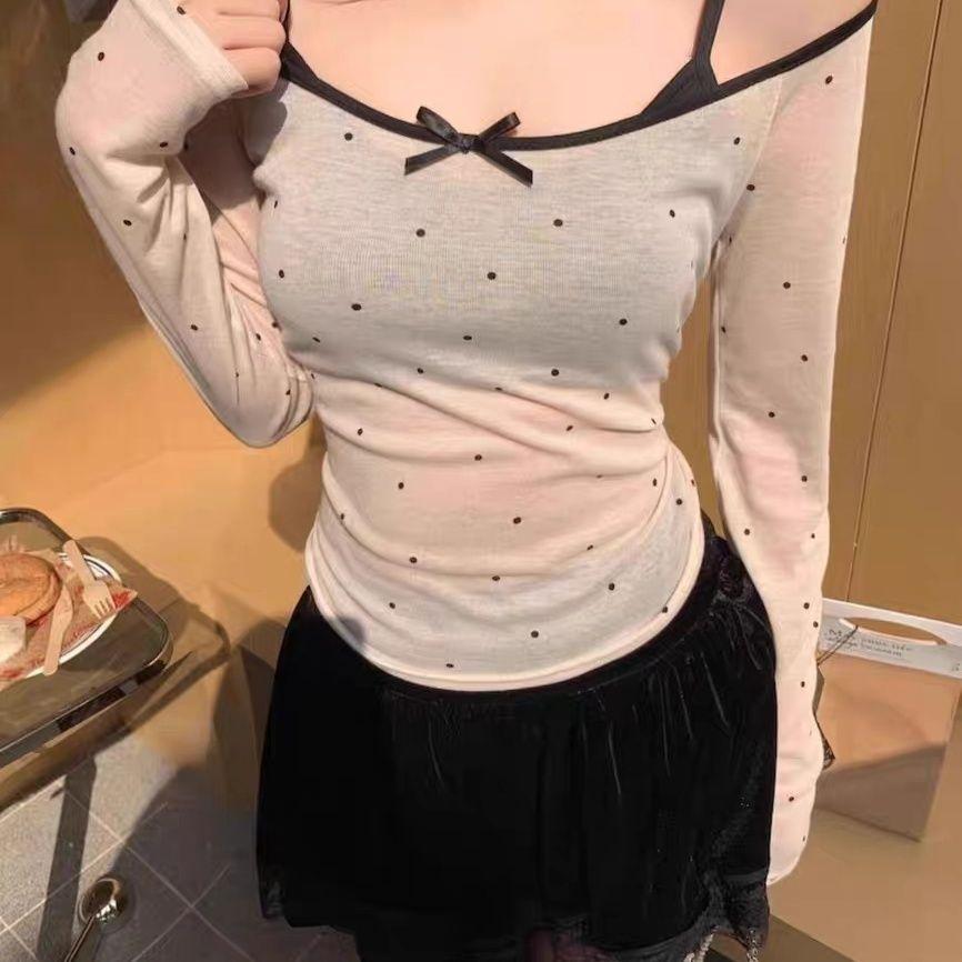 Pure Desire Off-the-shoulder Mesh Polka Dot Sexy T-shirt Long-sleeve Slim Fit Summer Sun Protection Camisole Stylish Top