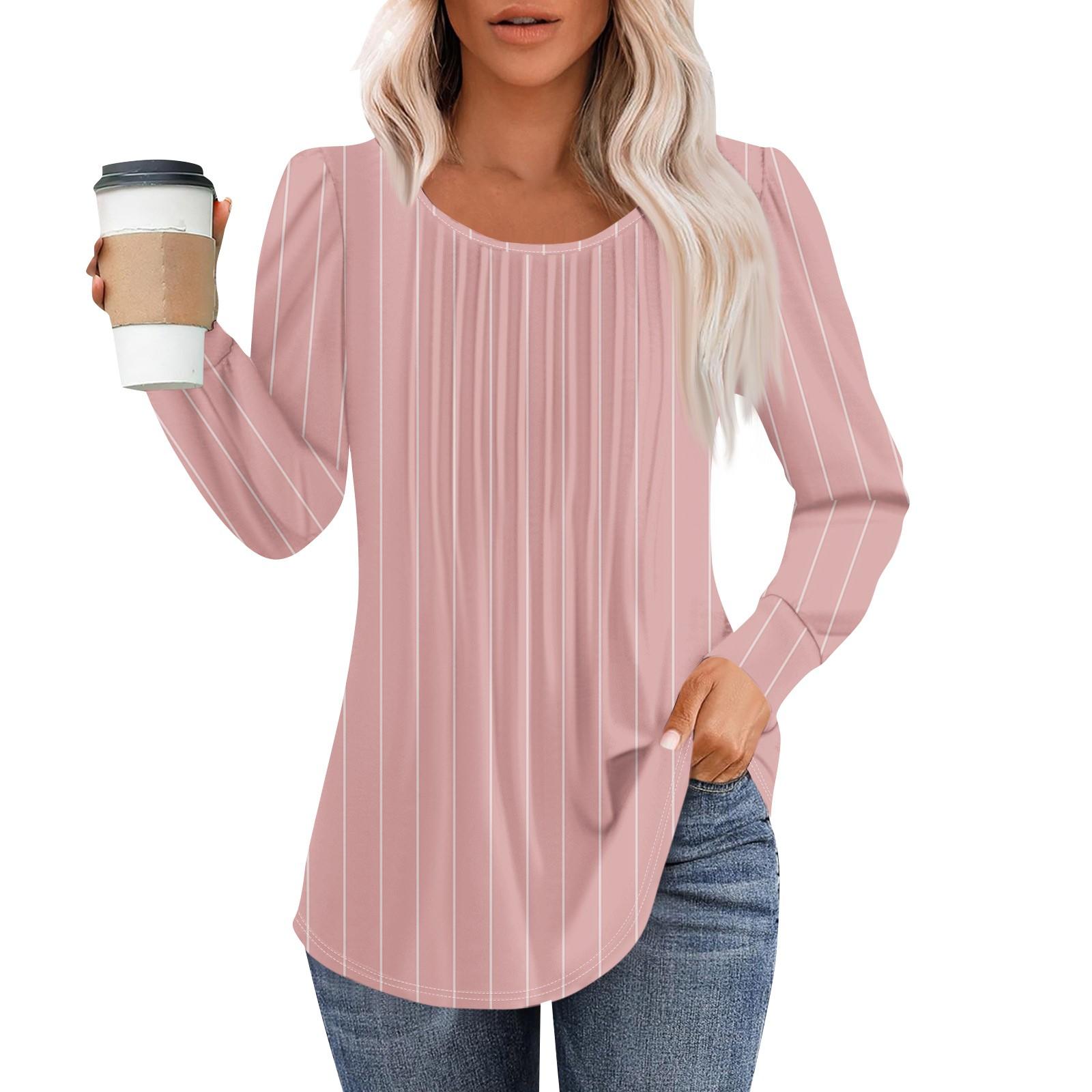 

Женская модная повседневная плиссированная футболка с круглым вырезом и принтом, длинный рукав M розовый