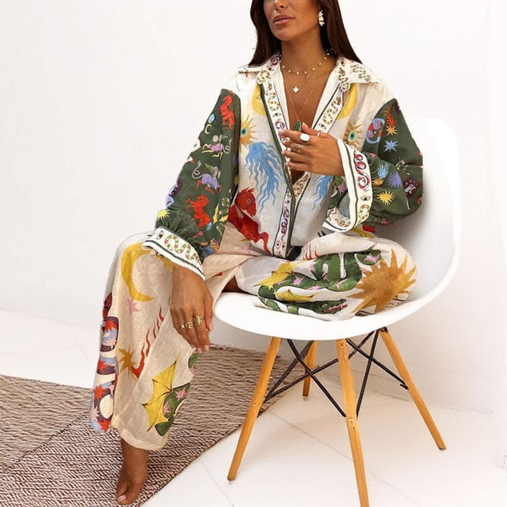 Women's Loose Fit Two Piece Matching Set Long Sleeve Collar Shirt Elastic Waist Wide Leg Pants