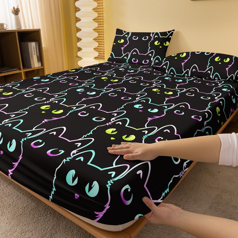 1 Simple Modern Animal Little Cat Printed Matte Fitted Sheet, Bedroom Printed Bed Cover, Bedding (Excluding Pillowcases)